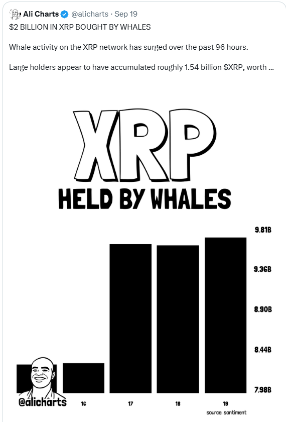Graf ukazuje výrazný nárůst XRP drženého velkými držiteli. Velryby během posledních 96 hodin podle dat akumulovaly přibližně 1,54 miliardy XRP, což představuje nákup v hodnotě kolem 2 miliard dolarů.