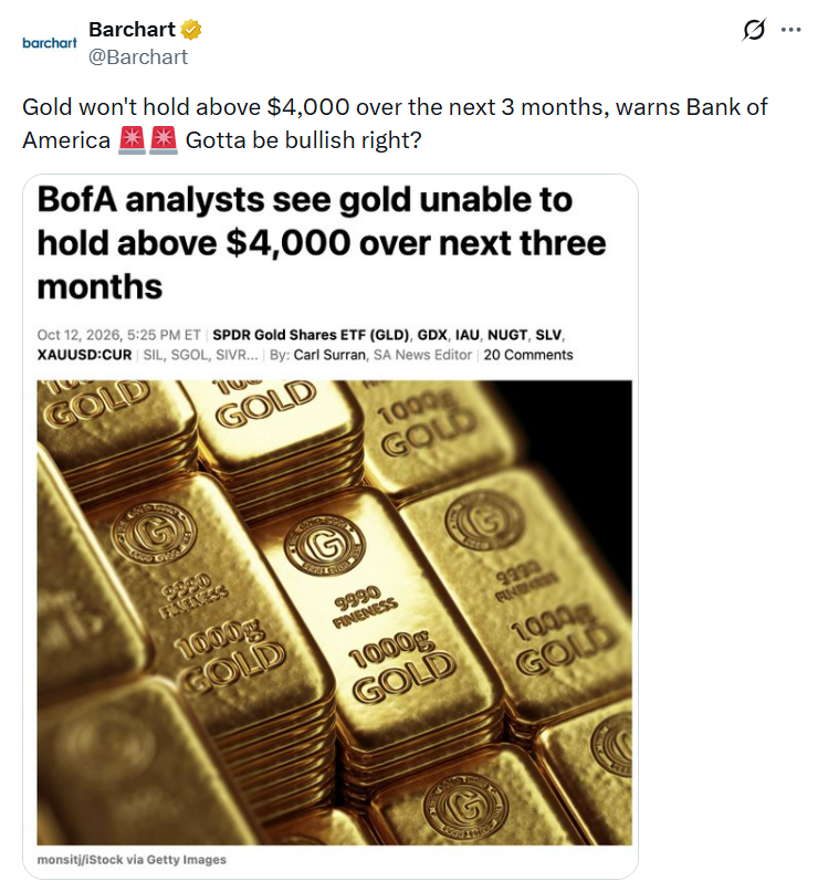 Analytici Bank of America varují, že cena zlata nemusí v příštích třech měsících udržet hranici 4 000 dolarů za unci. Navzdory přetrvávajícím inflačním tlakům tak drahý kov může čelit dalšímu poklesu.