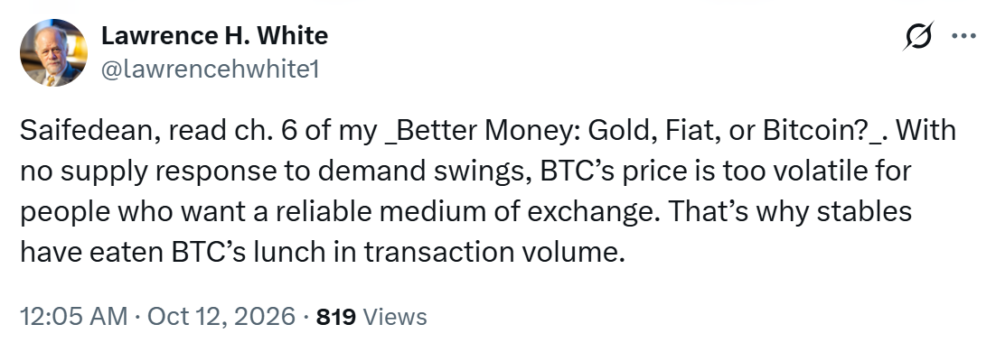 Ekonom Lawrence H. White upozorňuje, že bitcoin kvůli své omezené nabídce nedokáže pružně reagovat na změny poptávky, což přispívá k výrazným cenovým výkyvům. Podle něj proto BTC zatím není dostatečně stabilní pro běžné platby a v transakčním využití ho předbíhají stablecoiny, jejichž hodnota se obvykle drží poblíž jednoho amerického dolaru.