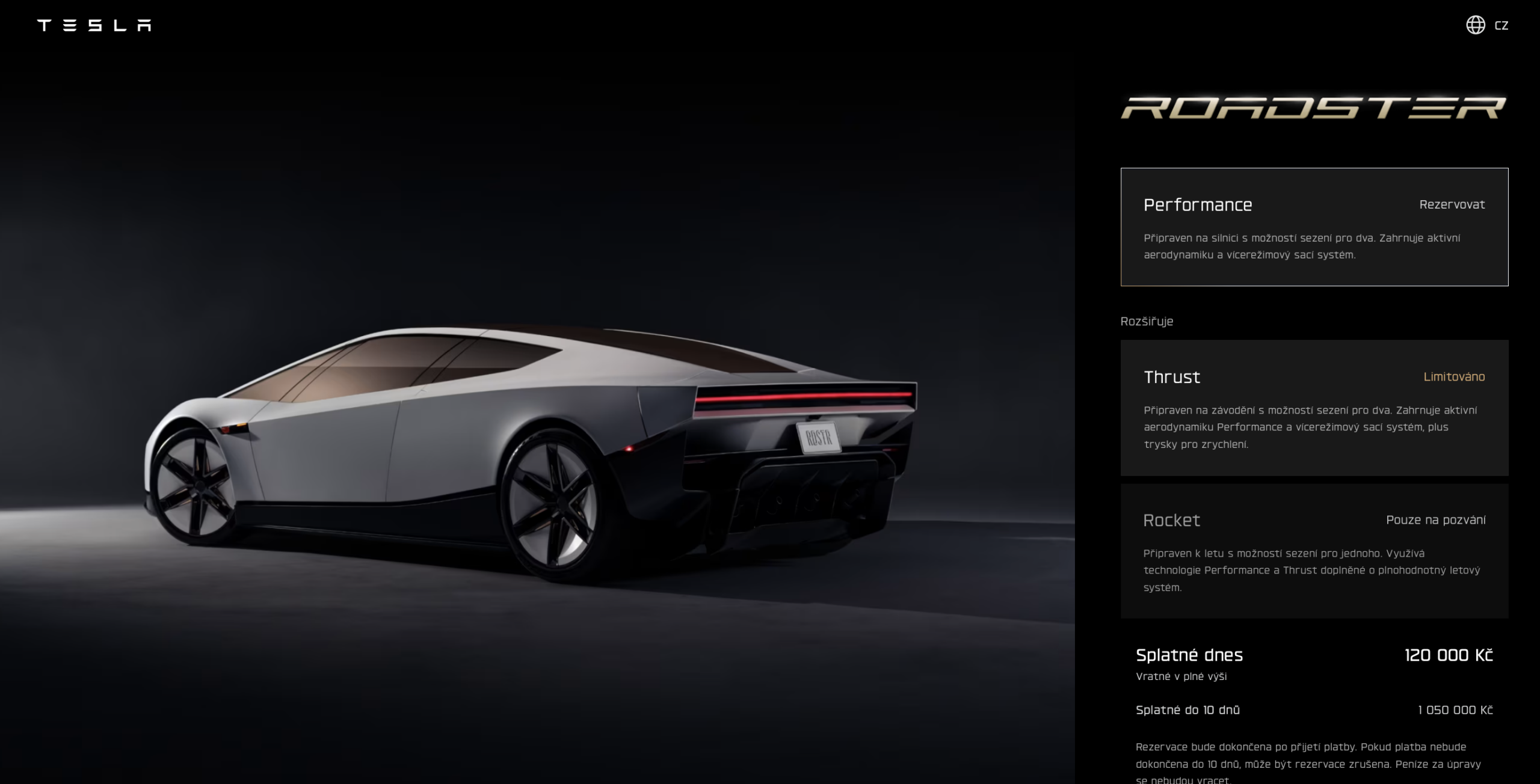 Tesla Roadster si můžete předobjednat už nyní. Zdroj: tesla.com