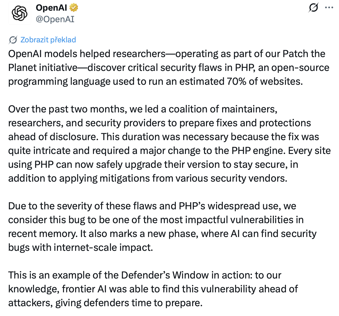 Společnost OpenAI uvedla, že její modely pomohly chybu odhalit. Zdroj: x.com