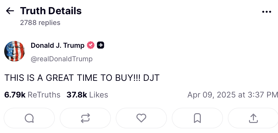Trump v tomto příspěvku vyzval k nákupům těsně před oznámením celní pauzy, která vedla k prudkému růstu trhů.