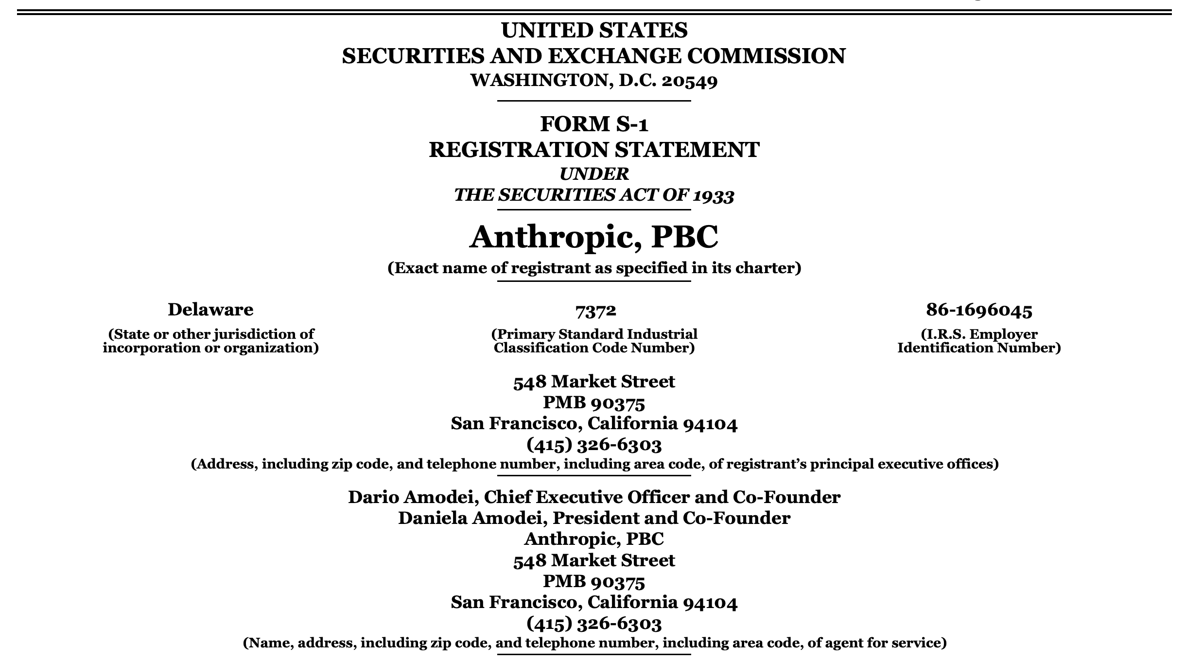 Anthropic podala americké Komisi pro cenné papíry (SEC) registrační formulář S-1 v rámci příprav na vstup na burzu. Zdroj: SEC