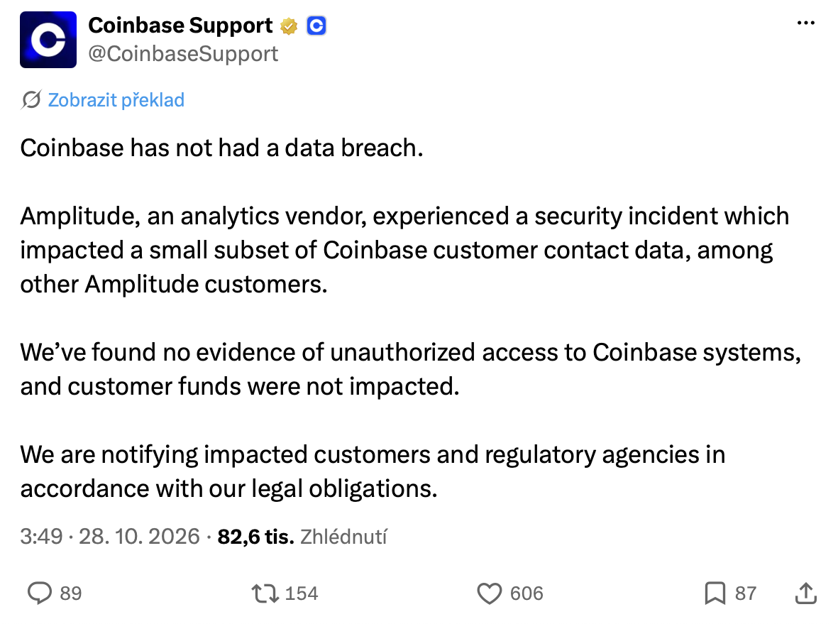 Coinbase popřela únik dat ze svých systémů, incident u externího dodavatele ale zasáhl kontaktní údaje zákazníků