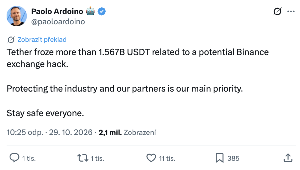 CEO společnosti Tether Paolo Ardoino na X oznámil, že jeho firma zmrazila více než 1,5 miliardy USDT. Zdroj: x.com
