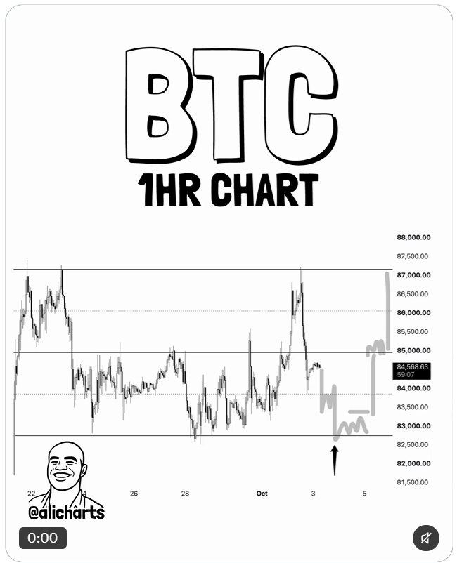 Bitcoin narazil na rezistenci kolem 87 000 dolarů. Analytik Ali Martinez sleduje jako důležitou podporu oblast 82 500 dolarů, odkud by podle něj mohl BTC znovu zamířit k 87 000 USD.
