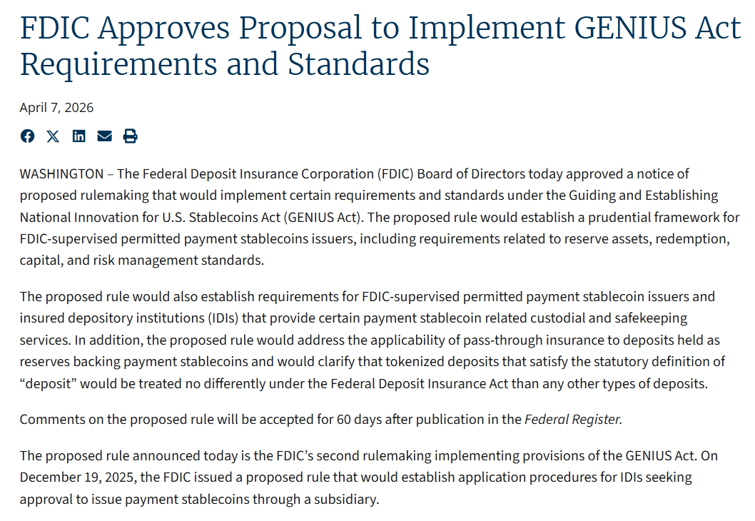 Americká FDIC schválila návrh pravidel pro zavedení zákona GENIUS Act. Nová pravidla mají upravit požadavky na rezervy emitentů platebních stablecoinů, jejich kapitál, správu rizik a ochranu prostředků klientů.
