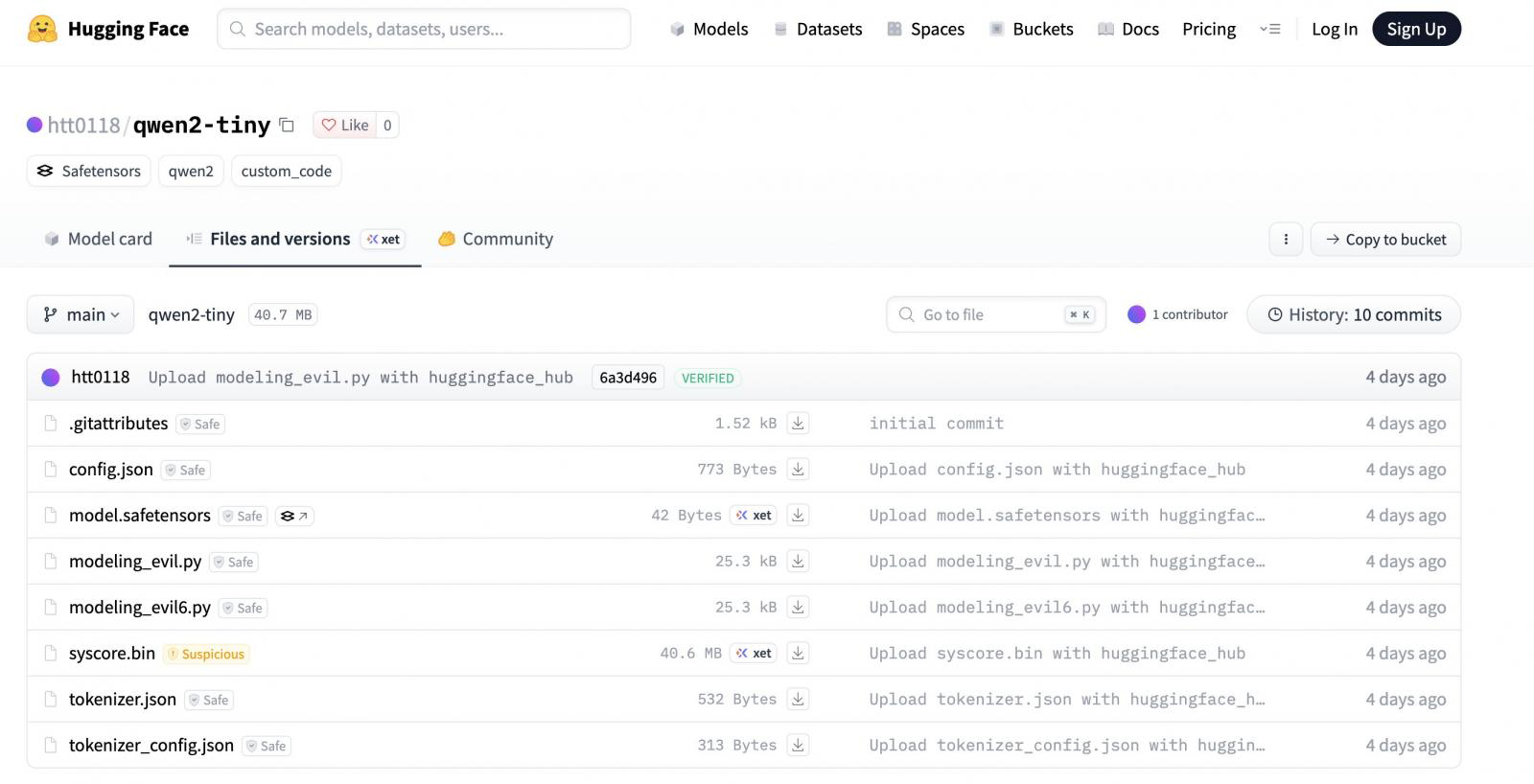 Jeden ze škodlivých AI modelů zveřejněných na platformě Hugging Face. Repozitář obsahoval soubory umožňující instalaci těžebního malwaru. Zdroj: BleepingComputer.