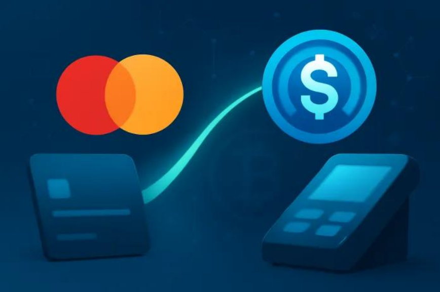 Ilustrace znázorňuje propojení platebních karet Mastercard se stablecoiny. Digitální dolar se může stát součástí platebního procesu a usnadnit propojení kryptoměnových prostředků s běžnými platbami.