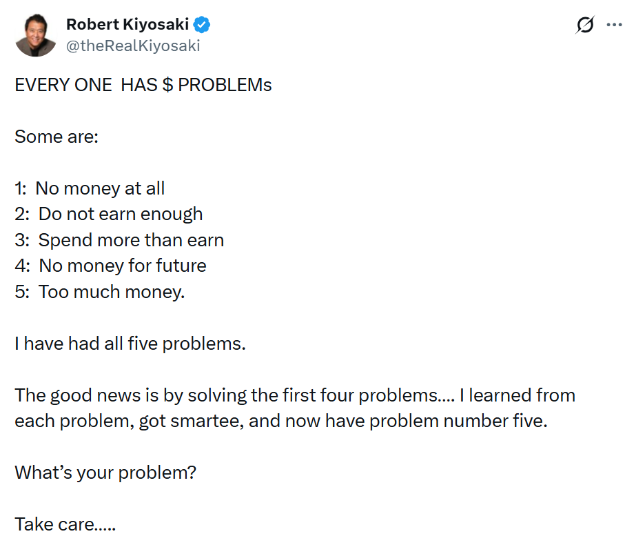 Robert Kiyosaki popisuje pět finančních problémů, se kterými se během života setkal. Nedostatek peněz, nízké příjmy, nadměrné utrácení, chybějící finanční rezervu a nakonec příliš velké bohatství. Tvrdí, že překonávání prvních čtyř problémů mu pomohlo získat finanční zkušenosti, ale přineslo mu novou výzvu.