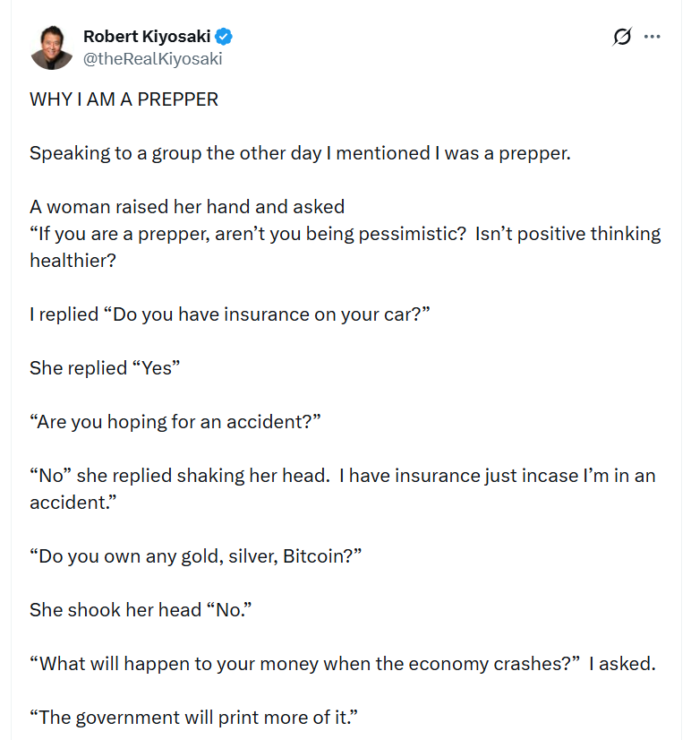 Robert Kiyosaki přirovnává finanční připravenost k pojištění auta. Podle něj nejde o očekávání krize, ale o ochranu majetku pro případ, že ekonomické problémy skutečně přijdou.