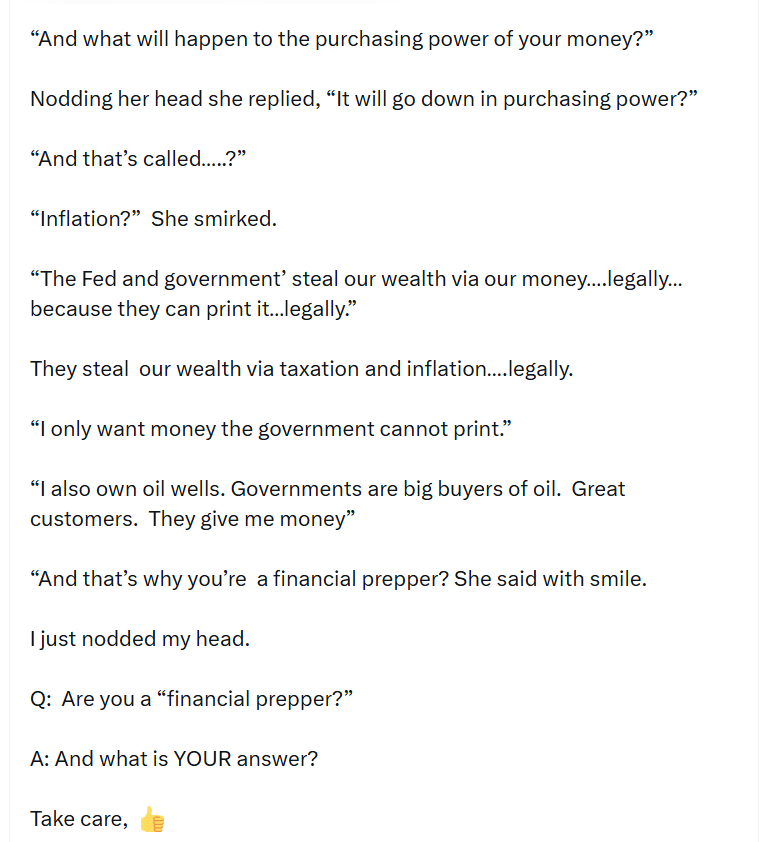 Kiyosaki tvrdí, že inflace snižuje kupní sílu peněz, a proto chce vlastnit aktiva, jejichž nabídku vláda nemůže jednoduše navyšovat. Za součást své finanční připravenosti považuje bitcoin, drahé kovy i ropná aktiva.