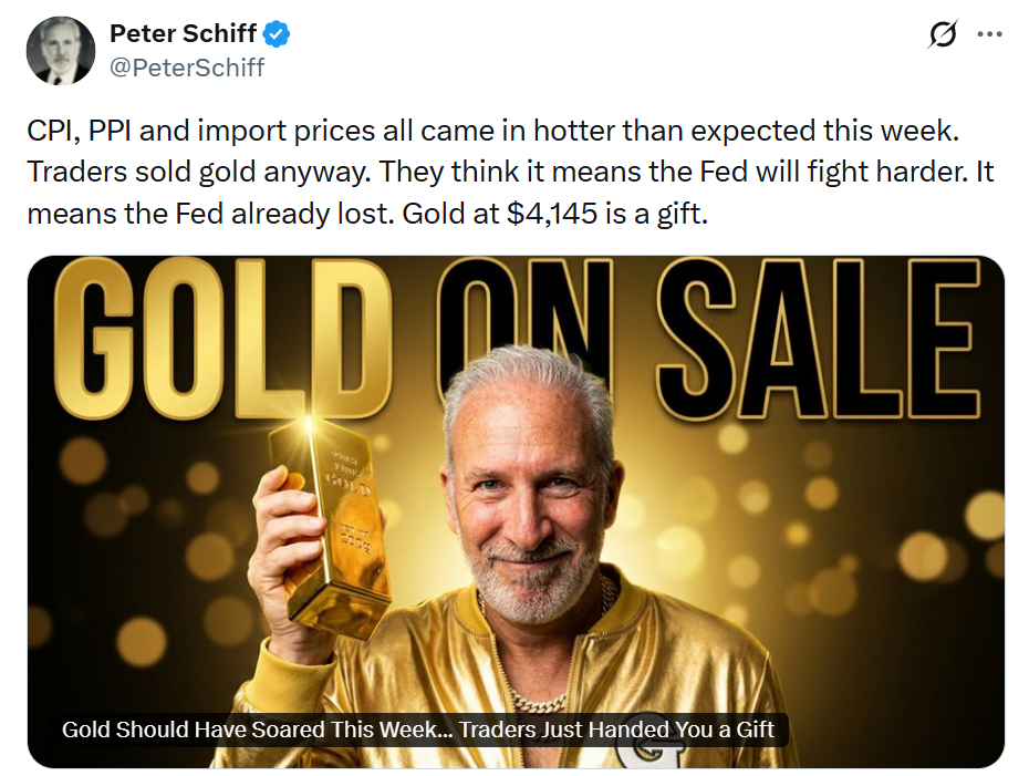 Peter Schiff upozorňuje, že americká inflace podle indexů CPI, PPI i dovozních cen překonala očekávání, přesto obchodníci zlato prodávali. Schiff naopak tvrdí, že pokles ceny ke 4 145 dolarům za unci představuje příležitost, protože podle něj Fed boj s inflací prohrává.