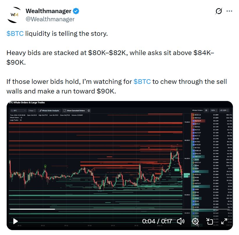 Analýza likvidity bitcoinu podle Wealthmanagera. Silné nákupní příkazy leží v pásmu 80 000–82 000 USD, zatímco prodejní příkazy se hromadí nad 84 000 USD až k hranici 90 000 USD. 