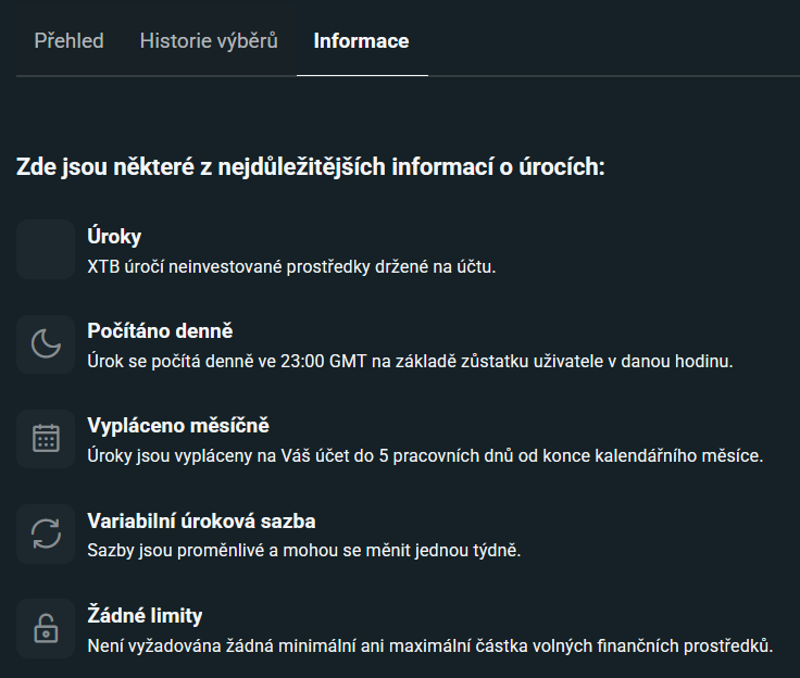 Pravidla úročení volné hotovosti na XTB: denní výpočet, měsíční výplata a variabilní sazba