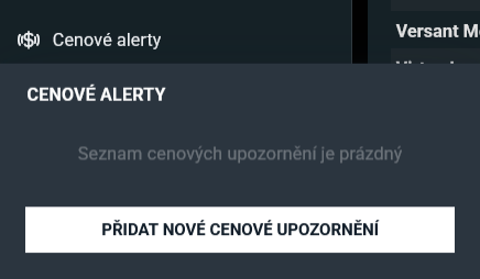 Panel cenových alertů v platformě XTB xStation s tlačítkem pro přidání upozornění