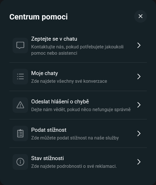Centrum pomoci v platformě XTB xStation s chatem podpory a hlášením chyb